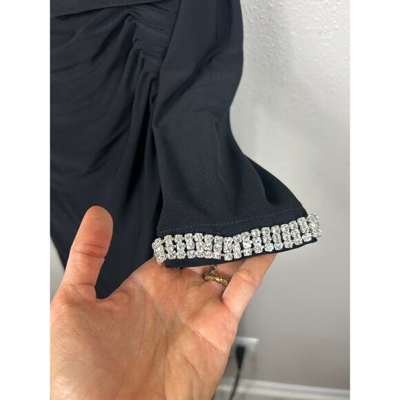 Mac Duggal One Shoulder Bewjewled Cuff Sleeve Gown Black Sz 4 Formal - Picture 4 of 9